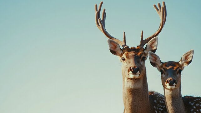A male and female axis deer stand together against a pale sky