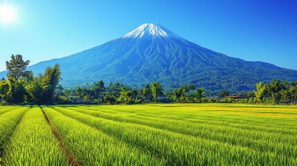 Fototapeta premium Majestic snow-capped volcano overlooking vibrant green rice paddies under a clear blue sky.