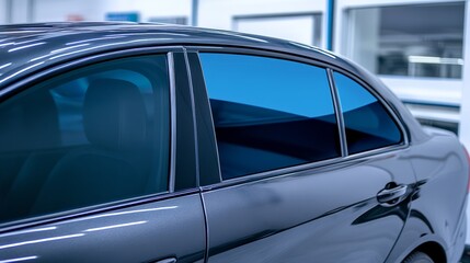 Side view of car window tint, ceramic film provides heat rejection and UV protection with stable color, car film installed on the glass surface of the , selected focus car tinting service