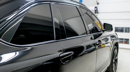 Fototapeta premium Side view of car window tint, ceramic film provides heat rejection and UV protection with stable color, car film installed on the glass surface of the , selected focus car tinting service