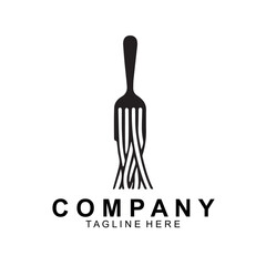 pasta logo design template vector. Round linear logo of spaghetti with fork on white background