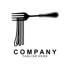 pasta logo design template vector. Round linear logo of spaghetti with fork on white background