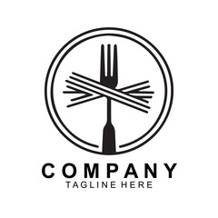 pasta logo design template vector. Round linear logo of spaghetti with fork on white background