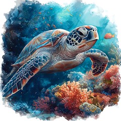 Fototapeta premium A Vibrant Watercolor Painting of a Sea Turtle Gracefully Swimming Amidst Coral Reefs and Tropical Fish.