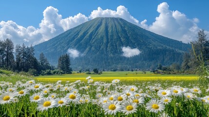 Fototapeta premium Majestic volcano, daisies, yellow field.
