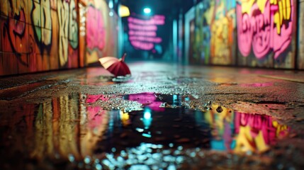 Colorful umbrella on wet street with graffiti at night. Generative AI