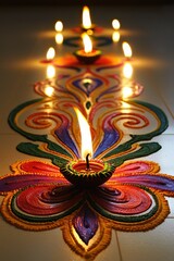 Fototapeta premium A bustling Diwali street market with colorful rangoli designs at the entrances, glowing diyas lining the pathways, and families enjoying festive snacks. Add intricate floral designs on the rangoli 