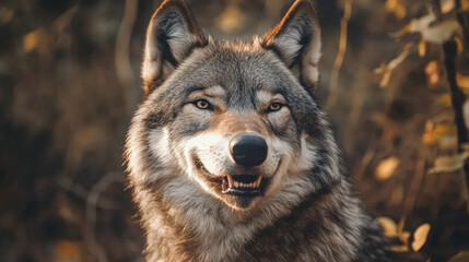 Obraz premium The gray wolf in the forest faces the camera
