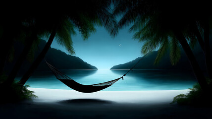 Silhouette of a hammock under palm trees by a calm tropical beach under the moonlight, creating a serene and peaceful nighttime atmosphere