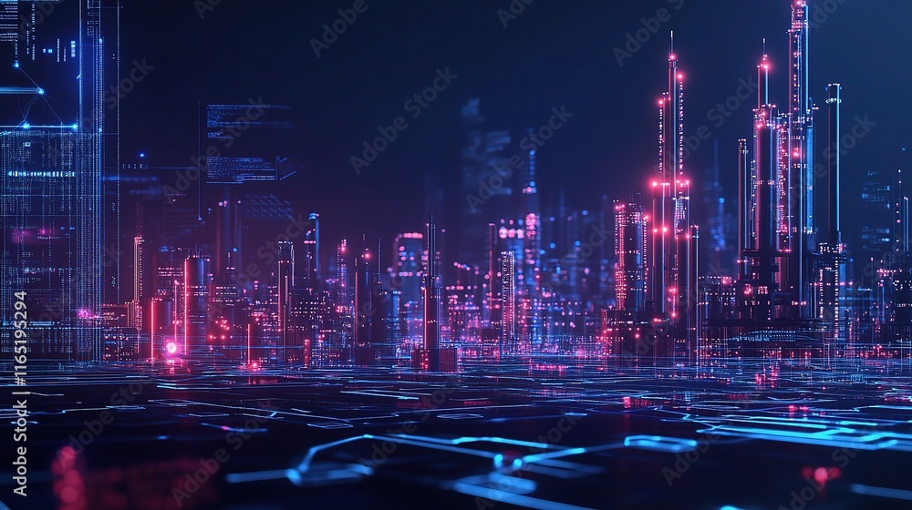 Poster futuristic abstract view of connected machines in a factory setting