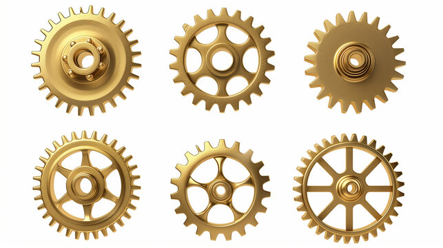 Gold Gear Wheel Set Illustration with Six Diverse Designs for Industrial and Mechanical Concepts