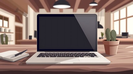 Fototapeta premium Modern Laptop Mockup on Wooden Desk with Warm Neutral Decor in a Cozy Office Setting