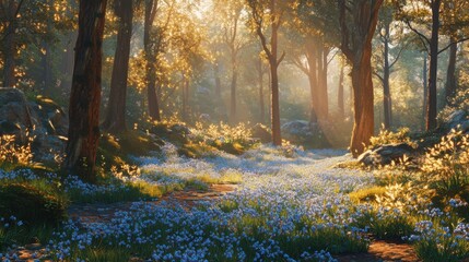 Fototapeta premium Panoramic scene of a forest park in April, with Scilla flowers creating a vibrant blue carpet on the forest floor
