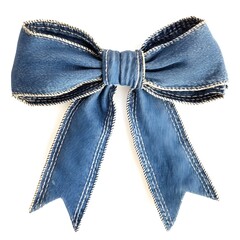 A large blue denim bow with contrasting stitching, suitable for decorative purposes.