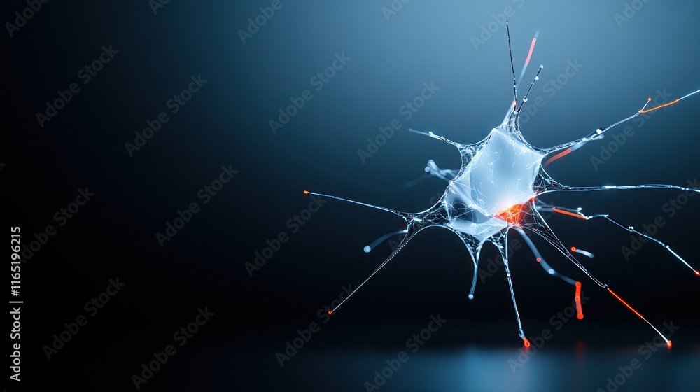 Poster abstract representation of a neuron or cell with glowing elements.