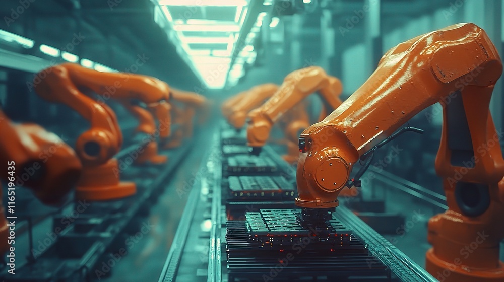 Poster robotic arms assembling products in a high-tech factory environment