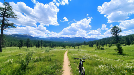 Obraz premium A scenic bike path through a lush green meadow under a bright blue sky with fluffy clouds