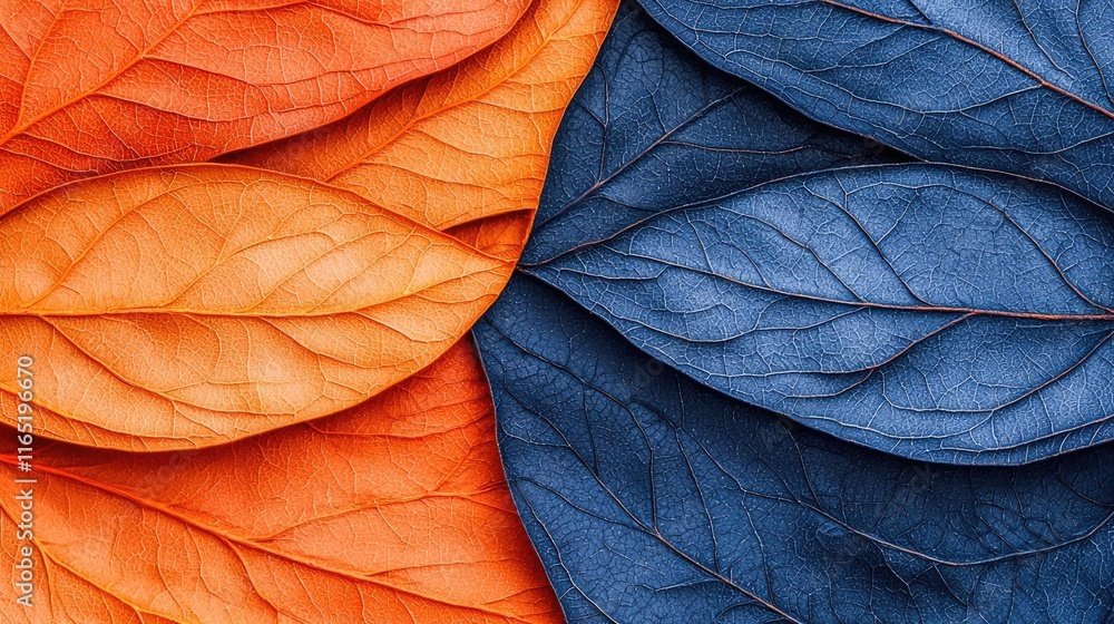 Poster torn abstract background concept. vivid close-up of orange and blue leaves showcasing intricate text