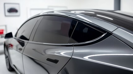 Side view of car window tint, ceramic film provides heat rejection and UV protection with stable color, car film installed on the glass surface of the , selected focus car tinting service