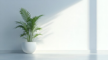 Fototapeta premium Minimalist Green Plant in White Pot Against White Wall with copy space 
