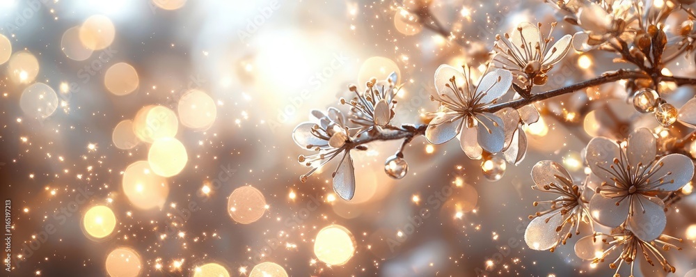 Poster starry abstract background concept. beautiful cherry blossoms in soft focus with shimmering bokeh li