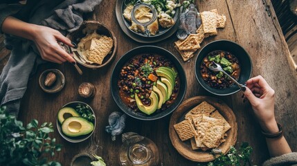 A cozy meal setup with bowls of black bean chili, avocado slices, and whole-grain crackers