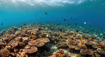 Obraz premium Vibrant underwater coral reef ecosystem with diverse marine life in clear blue waters