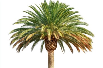 Isolated lush green palm tree on white background.