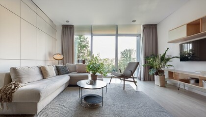 Fototapeta premium Minimalist living room featuring natural light, cozy sectional sofa, indoor plants, and a garden view