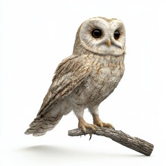 Obraz premium Small 3D owl perched on a branch, with beautifully detailed feathers, isolated on a clean white background
