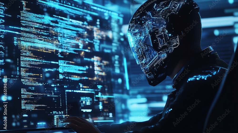 Poster futuristic businessman using computer in cyber environment