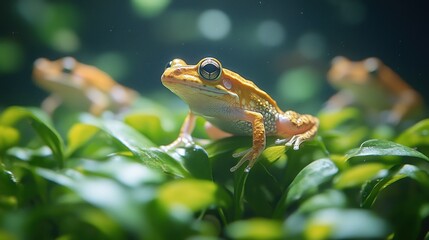 A group of African Clawed Frogs in an aquarium surrounded by lush plants
