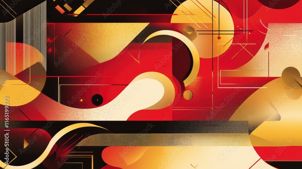 Poster festive chinese new year geometric design with a mix of sharp lines and soft curves in red and gold 
