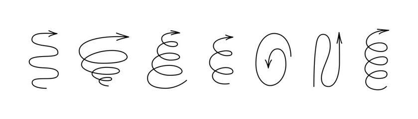 Spiral hand drawn arrows set. Curly line doodle black arrows. Funny design infographic elements. Spiral spring and zig zag pointer. Vector illustrations isolated on white background.