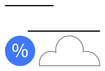 Cloud outlined in black, percentage symbol in blue circle, two horizontal lines. Ideal for data analysis, weather forecasting, cloud computing, financial projections, minimalist design, online