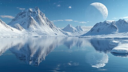 Serene winter landscape with snow-capped mountains reflected in a calm, icy lake under a clear sky with a large moon.