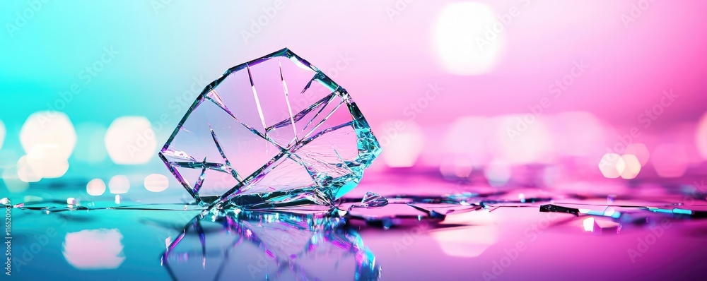 Poster torn abstract background concept. a shiny glass fragment reflecting vibrant neon lights on a smooth 
