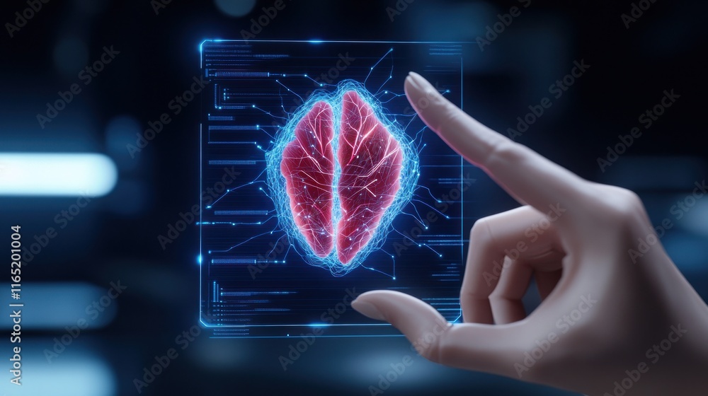 Poster a hand interacts with a digital representation of a brain.