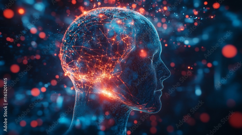 Poster a mesmerizing depiction of a human head constructed from interconnected nodes of light and energy, s