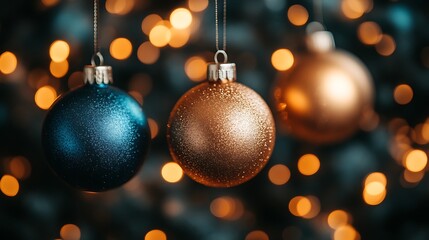 Fototapeta premium Festive Christmas Ornaments Hanging Against Blurry Lights