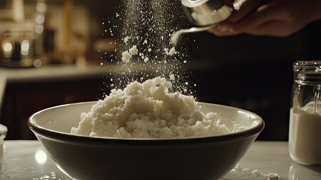 Delicate Sugar Pouring Over a Bowl in a Cozy Kitchen Setting