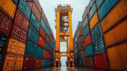 Fototapeta premium Cargo ship containers and gantry crane in port.