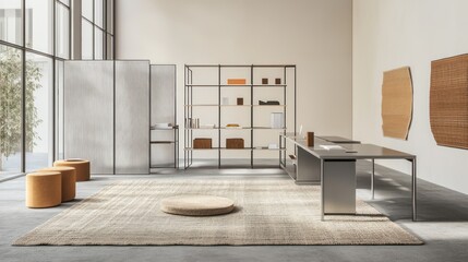 A collaborative space with minimalist steel desks, soft rugs, and creative wall partitions that double as shelves.