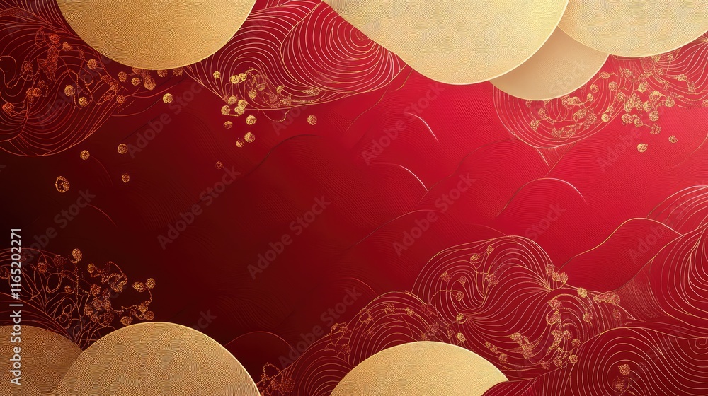 Poster festive golden ingot patterns scattered over a red gradient with delicate wave motifs.