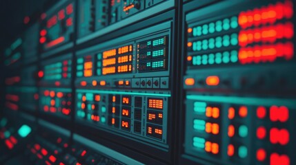 Noise abstract background idea. Close-up of glowing server panel with colorful lights and digital displays in a dark setting.