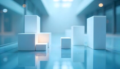 Serene White Cubes: Minimalist Geometric Forms in a Tranquil Blue Space