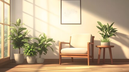 Fototapeta premium Sunlit Room Featuring Wooden Chair and Potted Plants
