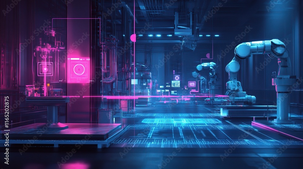 Poster futuristic smart factory with holograms and interconnected robots