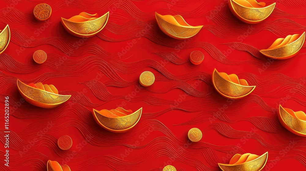 Poster festive golden ingot patterns scattered over a red gradient with delicate wave motifs.