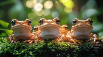 A group of African Tree Toads resting on a moss-covered log in a rainforest